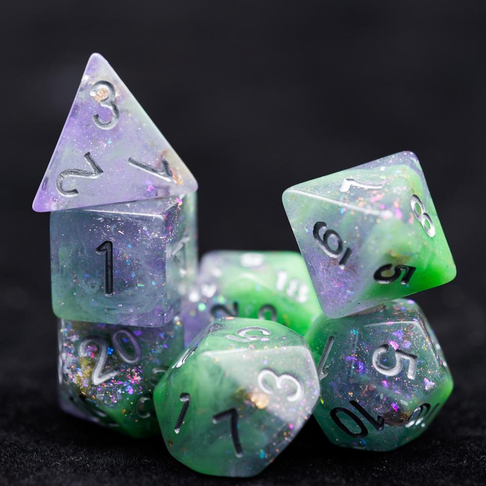 7Pcs/Set Purple/Green DND Dice with Colorful Glitter D&amp;D Dice Polyhedral Games Dice Set for Table Games MTG RPG - Mini Megastore