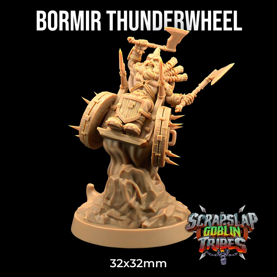 Bormir Thunderwheel - Dwarf Barbarian Wheelchair Miniature - Mini Megastore