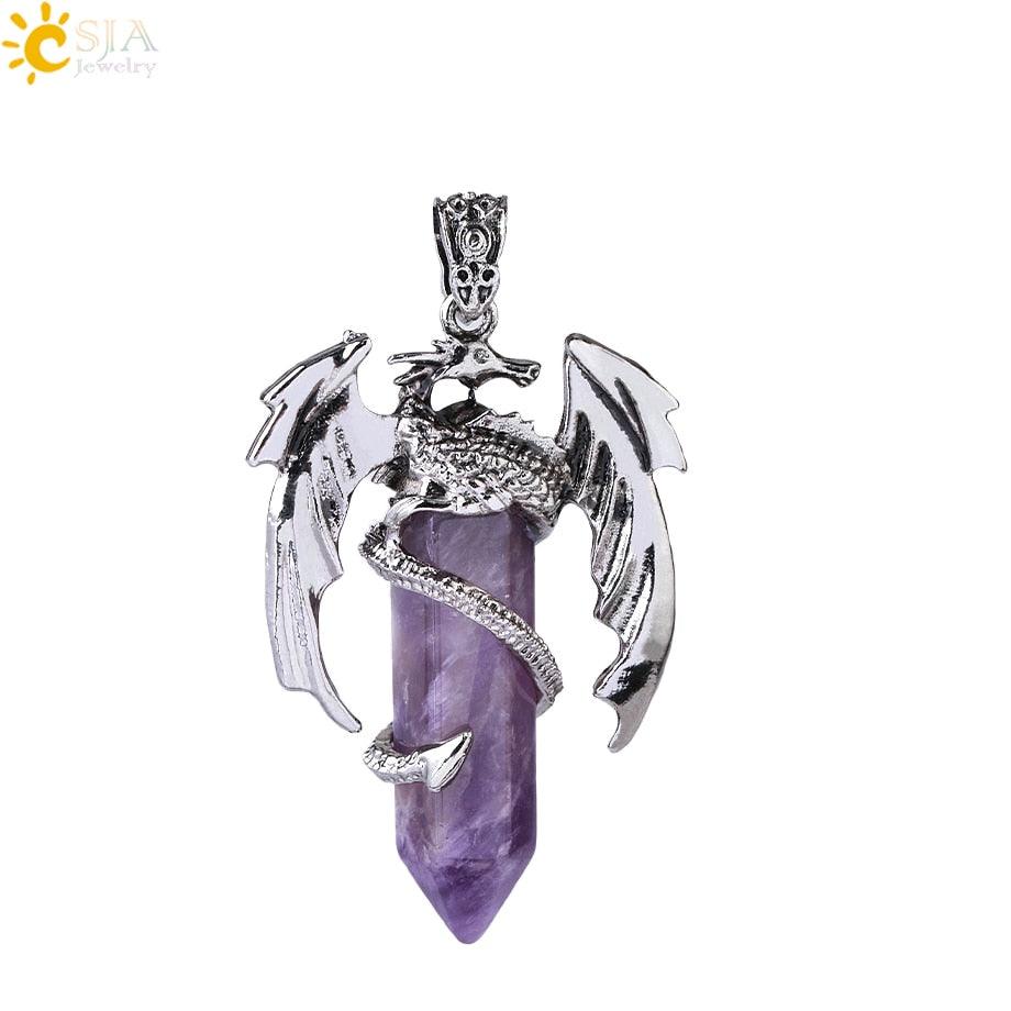 CSJA Animal Dragon Man Necklace Natural Stone Healing Pink Quartz Hexagonal Crystal Pendant Vintage Jewelry Gift for Women H012 - Mini Megastore