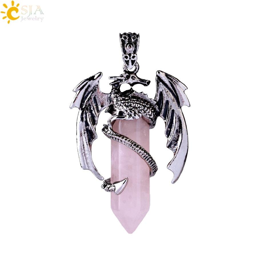 CSJA Animal Dragon Man Necklace Natural Stone Healing Pink Quartz Hexagonal Crystal Pendant Vintage Jewelry Gift for Women H012 - Mini Megastore