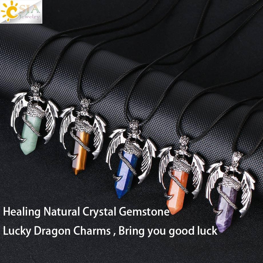 CSJA Animal Dragon Man Necklace Natural Stone Healing Pink Quartz Hexagonal Crystal Pendant Vintage Jewelry Gift for Women H012 - Mini Megastore