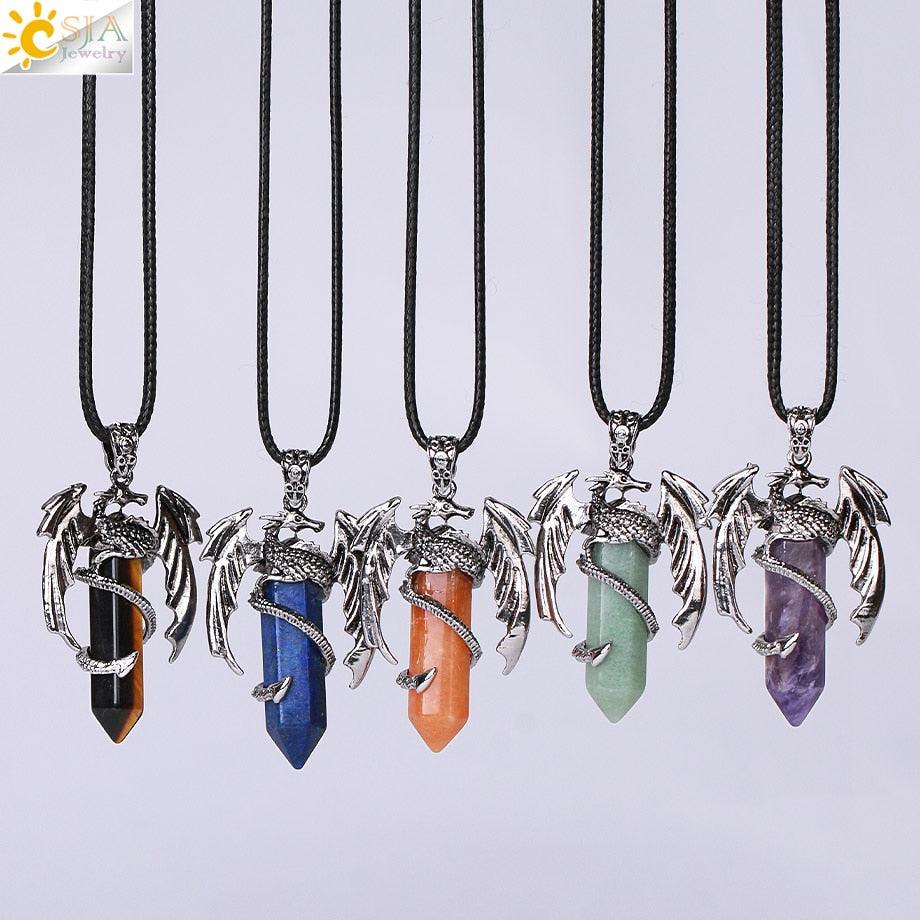 CSJA Animal Dragon Man Necklace Natural Stone Healing Pink Quartz Hexagonal Crystal Pendant Vintage Jewelry Gift for Women H012 - Mini Megastore