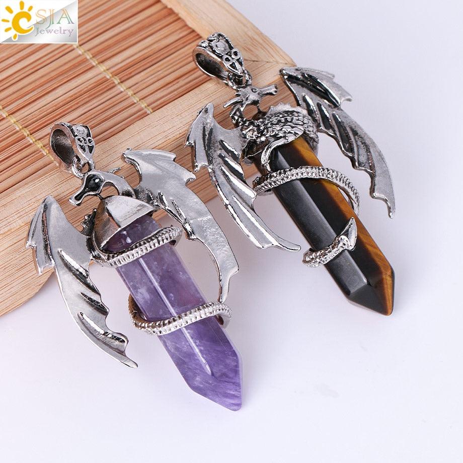 CSJA Animal Dragon Man Necklace Natural Stone Healing Pink Quartz Hexagonal Crystal Pendant Vintage Jewelry Gift for Women H012 - Mini Megastore