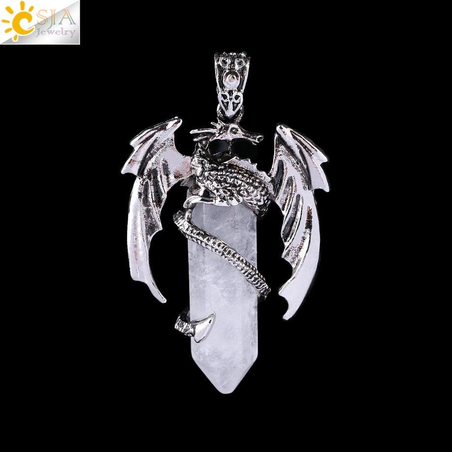 CSJA Animal Dragon Man Necklace Natural Stone Healing Pink Quartz Hexagonal Crystal Pendant Vintage Jewelry Gift for Women H012 - Mini Megastore
