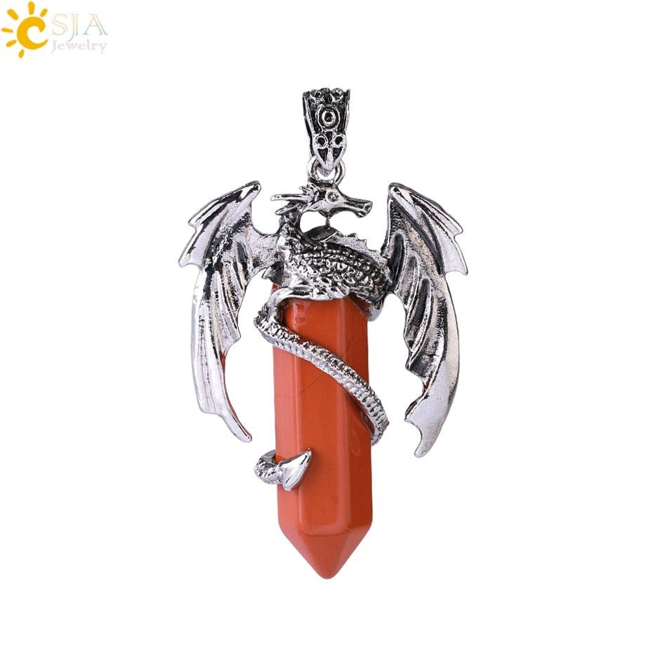 CSJA Animal Dragon Man Necklace Natural Stone Healing Pink Quartz Hexagonal Crystal Pendant Vintage Jewelry Gift for Women H012 - Mini Megastore
