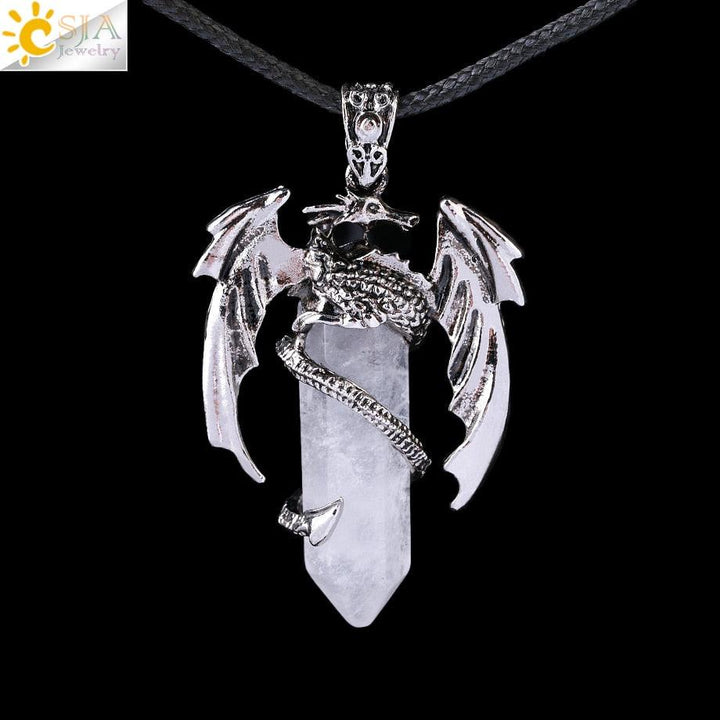 CSJA Animal Dragon Man Necklace Natural Stone Healing Pink Quartz Hexagonal Crystal Pendant Vintage Jewelry Gift for Women H012 - Mini Megastore