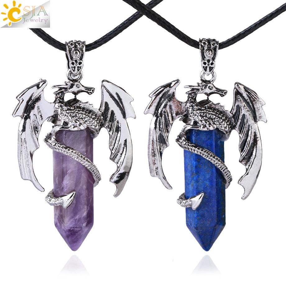 CSJA Animal Dragon Man Necklace Natural Stone Healing Pink Quartz Hexagonal Crystal Pendant Vintage Jewelry Gift for Women H012 - Mini Megastore