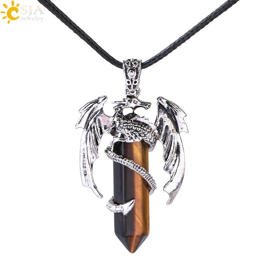 CSJA Animal Dragon Man Necklace Natural Stone Healing Pink Quartz Hexagonal Crystal Pendant Vintage Jewelry Gift for Women H012 - Mini Megastore