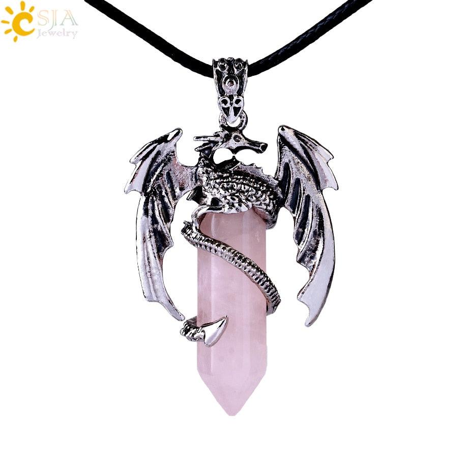 CSJA Animal Dragon Man Necklace Natural Stone Healing Pink Quartz Hexagonal Crystal Pendant Vintage Jewelry Gift for Women H012 - Mini Megastore
