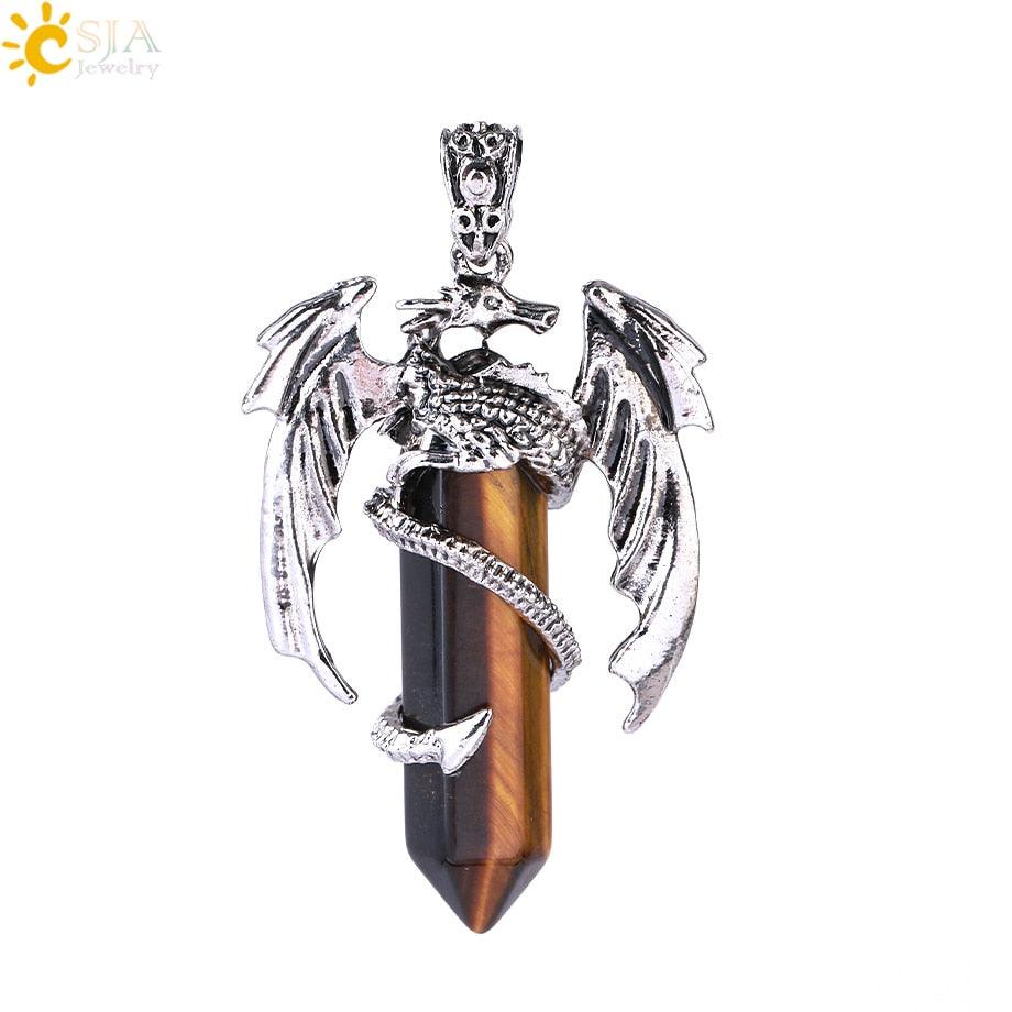 CSJA Animal Dragon Man Necklace Natural Stone Healing Pink Quartz Hexagonal Crystal Pendant Vintage Jewelry Gift for Women H012 - Mini Megastore