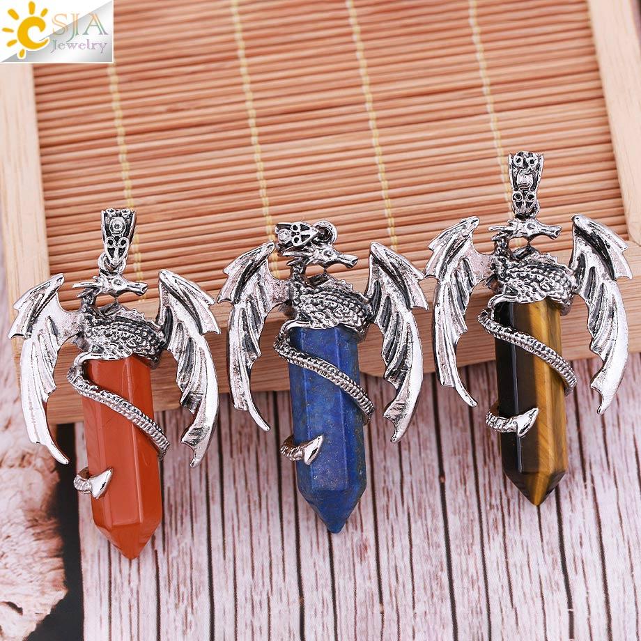 CSJA Animal Dragon Man Necklace Natural Stone Healing Pink Quartz Hexagonal Crystal Pendant Vintage Jewelry Gift for Women H012 - Mini Megastore