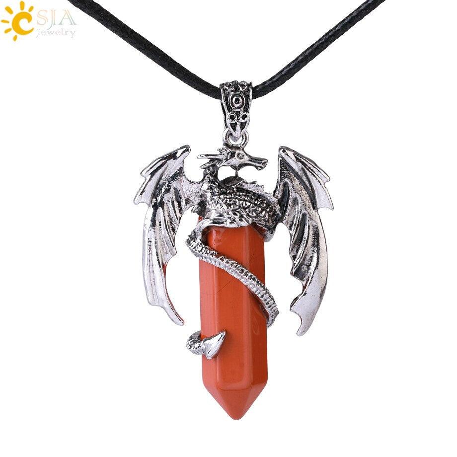 CSJA Animal Dragon Man Necklace Natural Stone Healing Pink Quartz Hexagonal Crystal Pendant Vintage Jewelry Gift for Women H012 - Mini Megastore