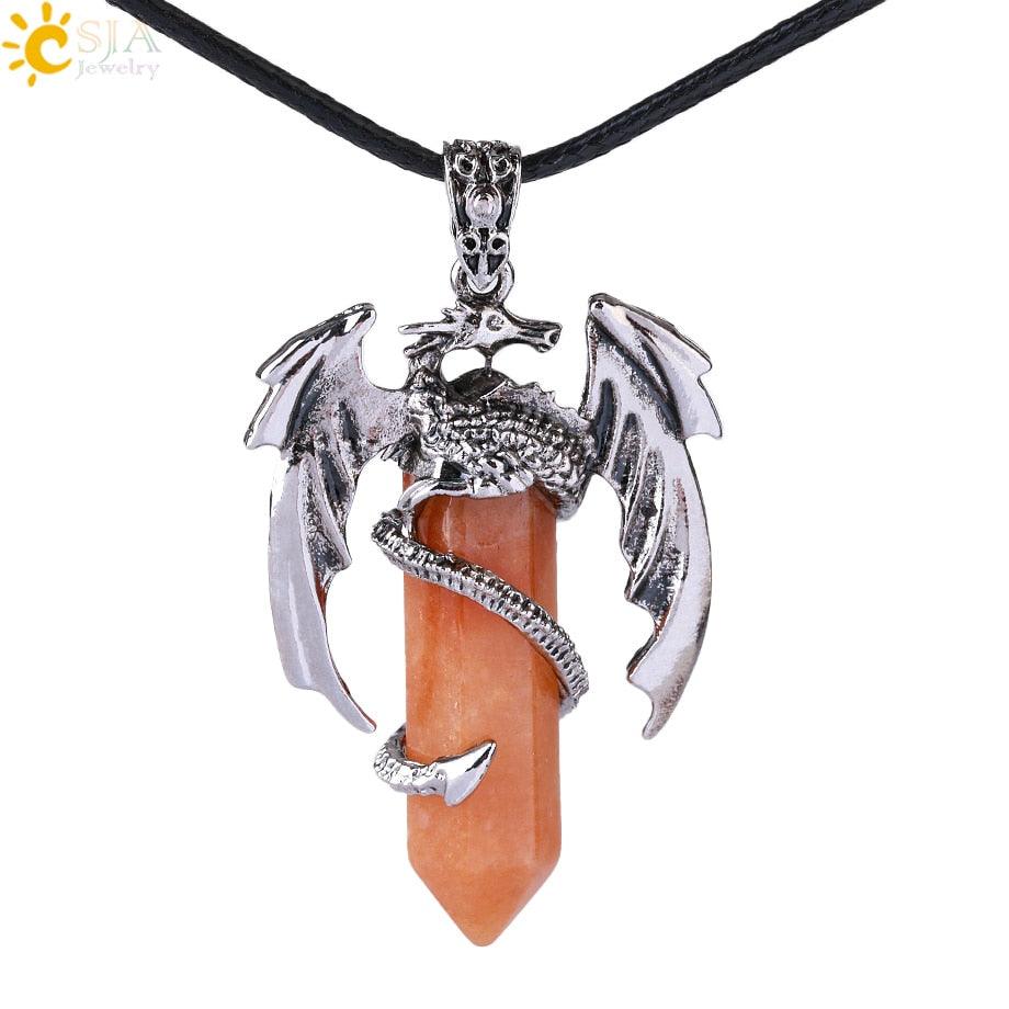 CSJA Animal Dragon Man Necklace Natural Stone Healing Pink Quartz Hexagonal Crystal Pendant Vintage Jewelry Gift for Women H012 - Mini Megastore