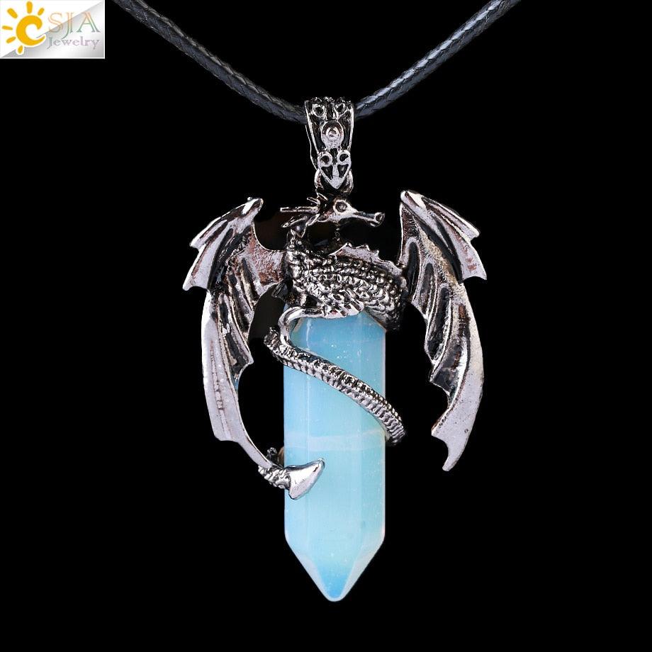 CSJA Animal Dragon Man Necklace Natural Stone Healing Pink Quartz Hexagonal Crystal Pendant Vintage Jewelry Gift for Women H012 - Mini Megastore