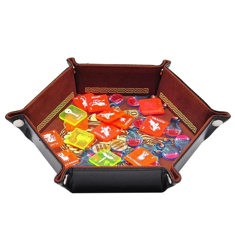 D&D Dice Tray PU Leather Hexagon Dice Holder Printed with Beholder Portable and Foldable Dice Rolling Mat - Mini Megastore