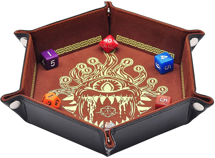 D&D Dice Tray PU Leather Hexagon Dice Holder Printed with Beholder Portable and Foldable Dice Rolling Mat - Mini Megastore
