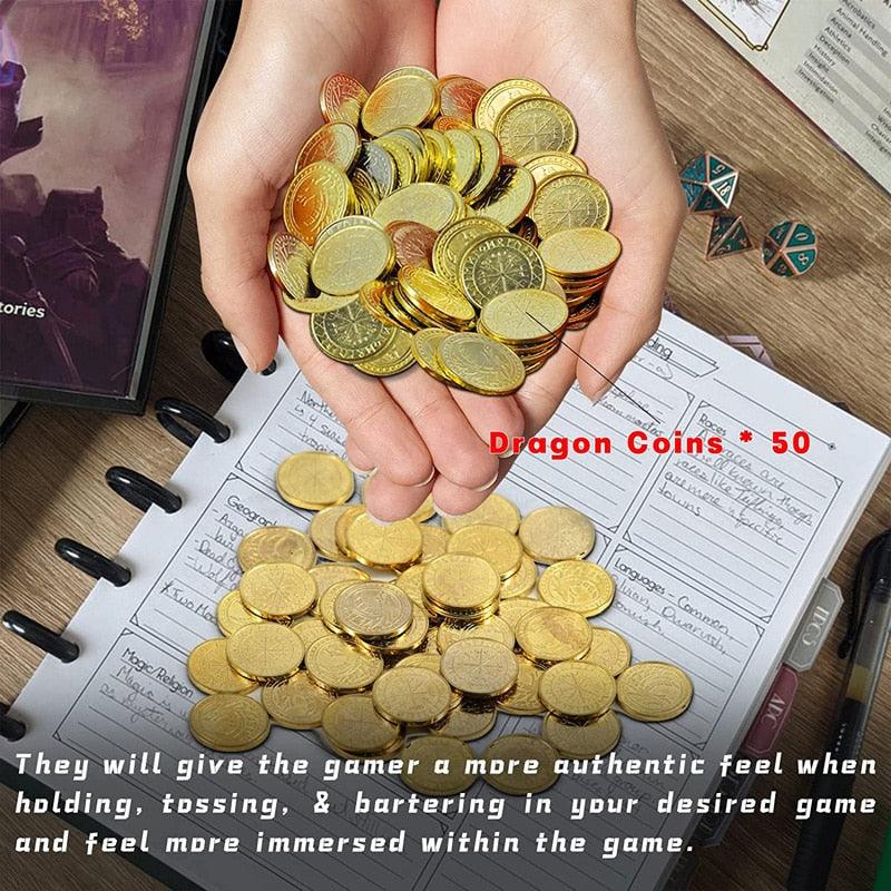 DND Fantasy Coins 50 Antique Gold Metal Treasure Tokens with Leather Pouch - Gaming Loot, Accessories Props - Mini Megastore