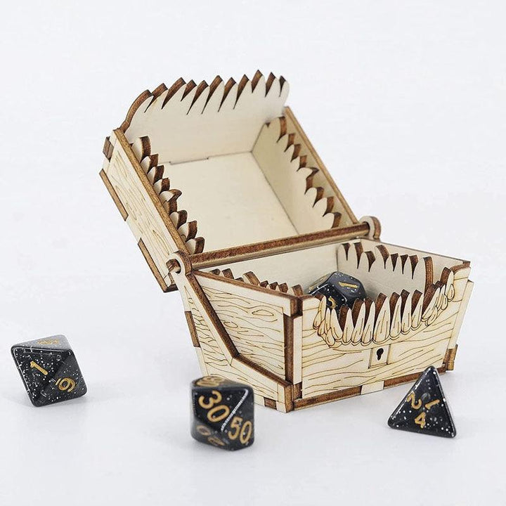 DND Mimic Chest Dice Jail Prison with a Random Polyhedral Dice Set t Wood Laser Cut and Etched Dice Storage Box - Mini Megastore