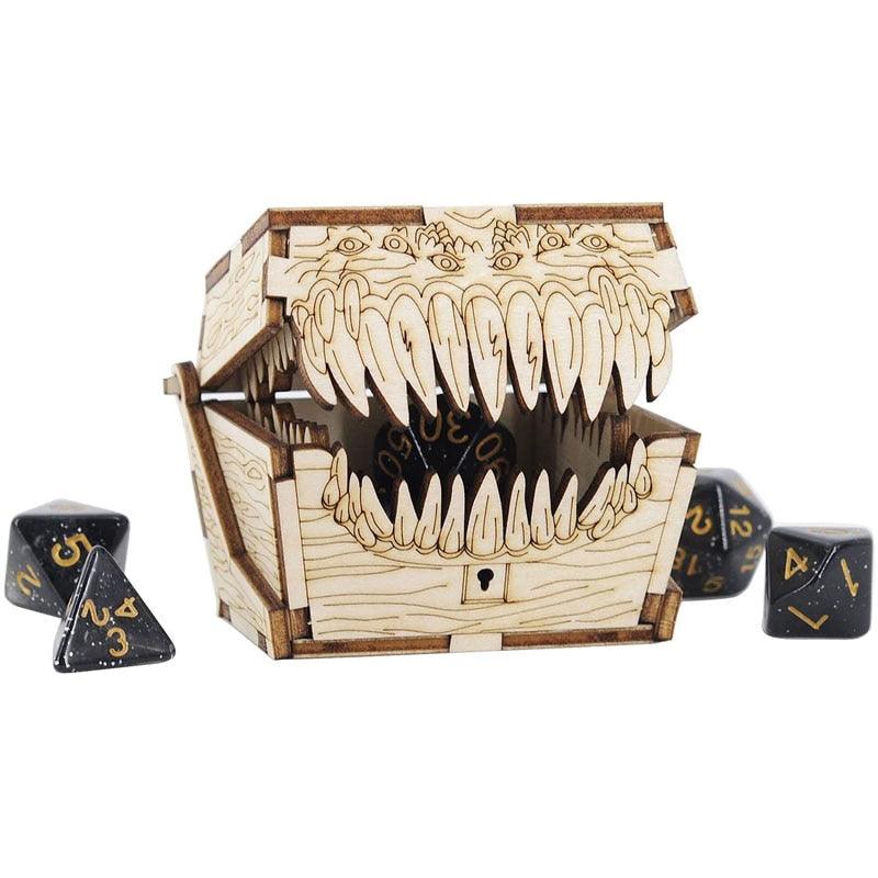 DND Mimic Chest Dice Jail Prison with a Random Polyhedral Dice Set t Wood Laser Cut and Etched Dice Storage Box - Mini Megastore