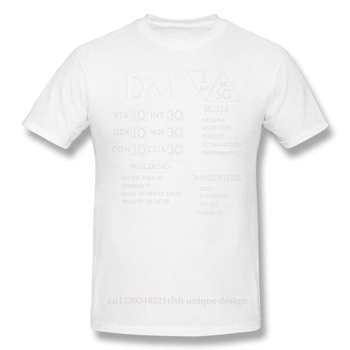 Fashion DM Stats - Character Sheet Clothes Design Dungeon Master Adventure Games Cotton Camiseta Men T-Shirt - Mini Megastore