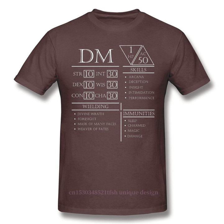 Fashion DM Stats - Character Sheet Clothes Design Dungeon Master Adventure Games Cotton Camiseta Men T-Shirt - Mini Megastore